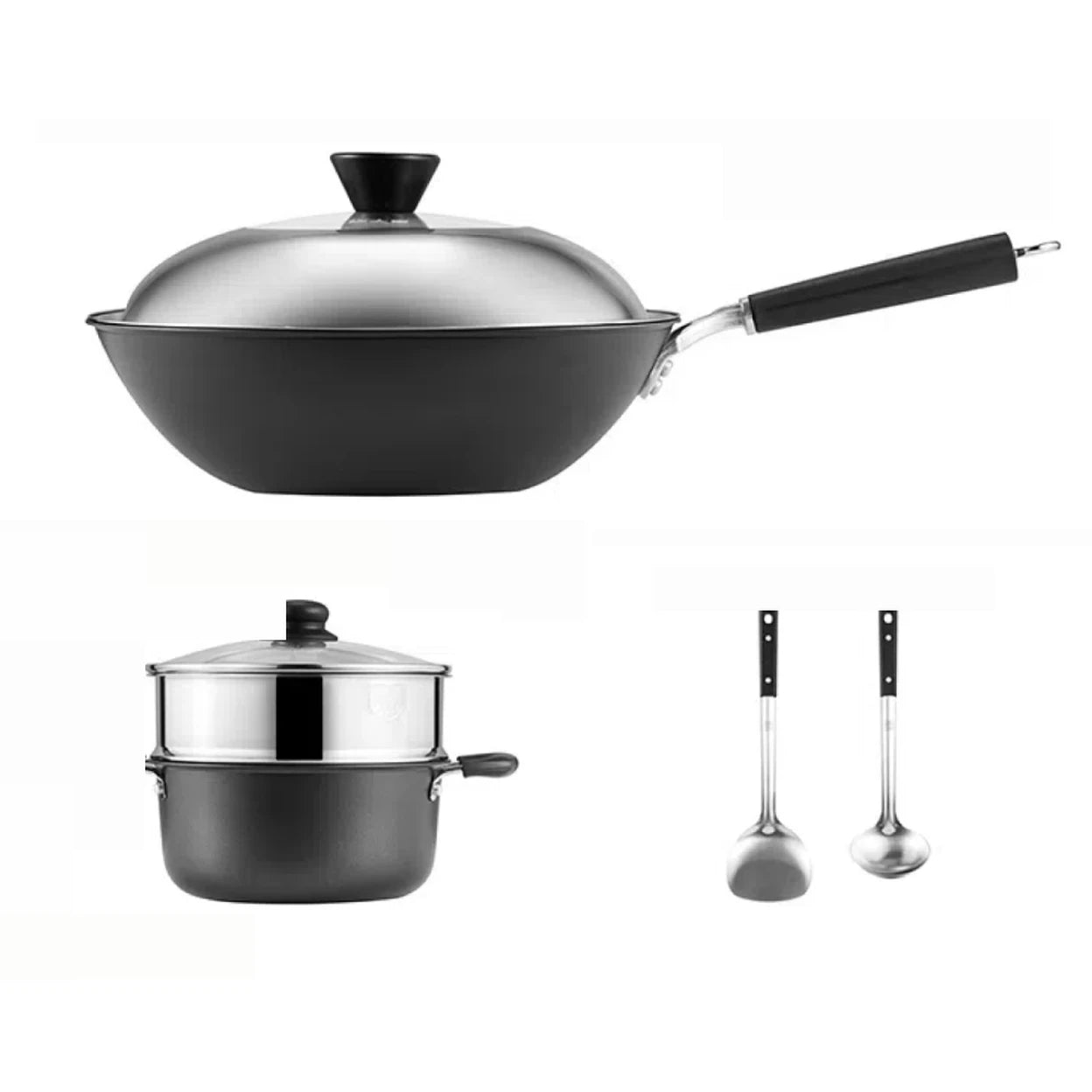Cooker King Pannenset 5-delig - Gietijzeren Wok 4,5 L - Aluminium Kookpan 3 L - RVS Stoominzet - 2 Spatels