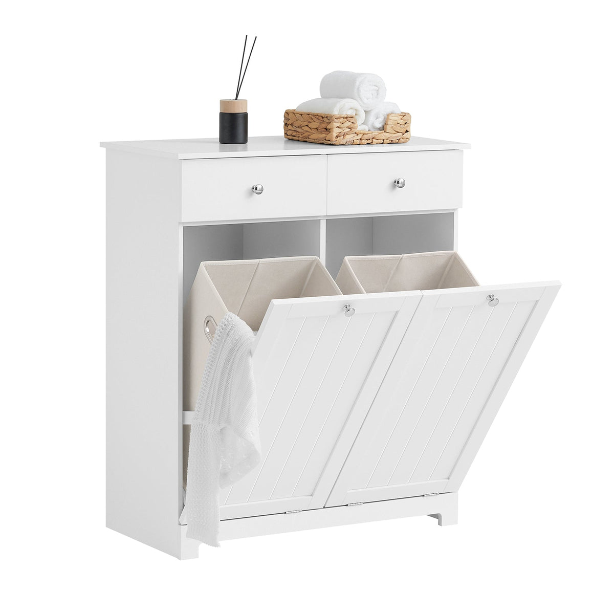 SoBuy BZR33-II-W Badkamerkast Met 2 Lades - 2 Verwijderbare Wasmanden – Modern Design – Wit – 78x38x90 cm