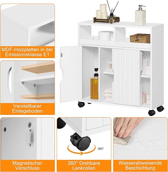 Yaheetech Badkamerkast 69,5 x 20 x 71,5 cm - Schuifdeuren - Wielen - Wit