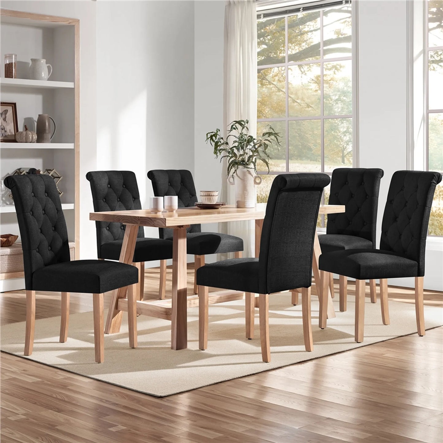 Yaheetech Eetkamerstoel Met Hoge Rugleuning 2 Stuks – Voorzien Van Gecapitonneerde Rug En Massief Eikenhouten Poten En Verstelbare Beschermpoten – Voor Keuken En Restaurant – Zwart Polyester En Eikenhout – 45,5 x 62 x 98,5 cm