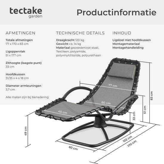 tectake® - Ligstoel Toulon - Ergonomische tuinstoel met schommelfunctie - Verstelbare ligstoel voor tuin, terras, balkon met hoofdkussen en comfortabele armleuningen - 120kg draagkracht - Grijs
