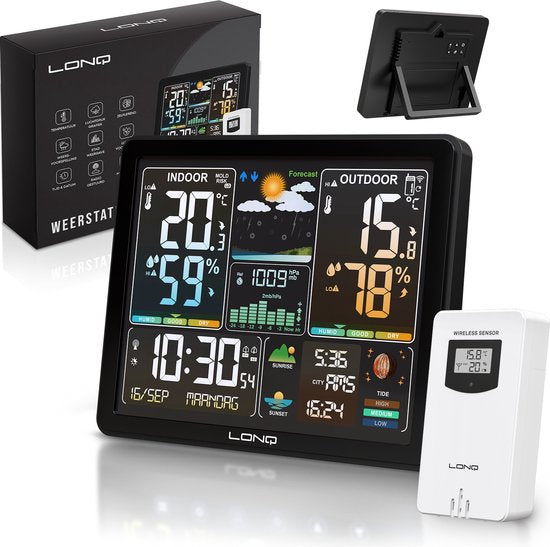 LONQ Weerstation Binnen en Buiten Q5 - Incl. Batterijen - Draadloos Weerstation met Buitensensor - Thermometer Hygrometer - Kleurendisplay - DCF Gestuurde Klok