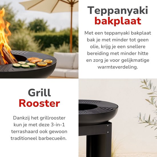 alpina 3-in-1 Vuurkorf en Grillplaat - Tuinhaard 61 x 90 cm - met Teppanyaki Bakplaat - Plancha BBQ met Brandhout Opslagplaats - Vuurkorf voor Buiten - Metaal