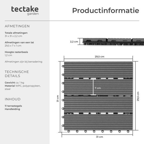 tectake® WPC houten tegels - Houtlook tegels - Weerbestendig - Vloerbedekking voor buiten - Vloertegels - Balkonvloer - Terrastegels met kliksysteem - Afvoer - Set van 11 - Grijs