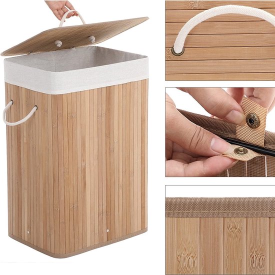 Songmics XL 72 Liter - Grote opvouwbare wasmand - bamboe - wasbare voering - 40 x 30 x 60 cm