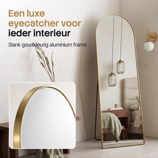 Infinity Goods Passpiegel - 160x60cm - Design Wandspiegel - Staande Spiegel Met Metalen Rand - Hangend - Kleedkamer Spiegel - Afgerond - Modern - Goud