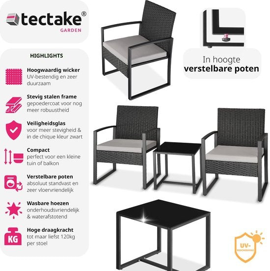 tectake® - wicker zitgroep 2x fauteuils met tafel, balkonmeubelset, tuinmeubelen, balkonmeubilair, kleine lounge, gestoffeerde stoelen inclusief buitentuintafel, weerbestendig - zwart - poly-rattan