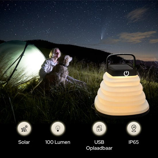 Tech Essentials Solar LED Lantaarn - Opvouwbaar - Zwart - Tentlamp - Led Lamp Oplaadbaar - Kamperen - Nood - Storm - Hanglamp - Zonne Energie