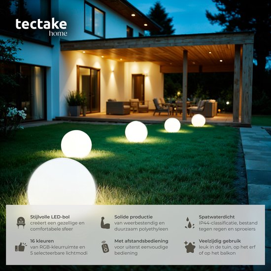 tectake® Tuinbol - Ø50 cm - Bolvorminge LED Buitenlamp met Afstandsbediening - 16 Kleuren en 5 Lichtmodi - Weerbestendige Tuinverlichting - Feestversiering - Tuindecoratie - Inclusief Lichtbron - Lichtbol - Lichtbollen voor Buiten - Bol Lamp
