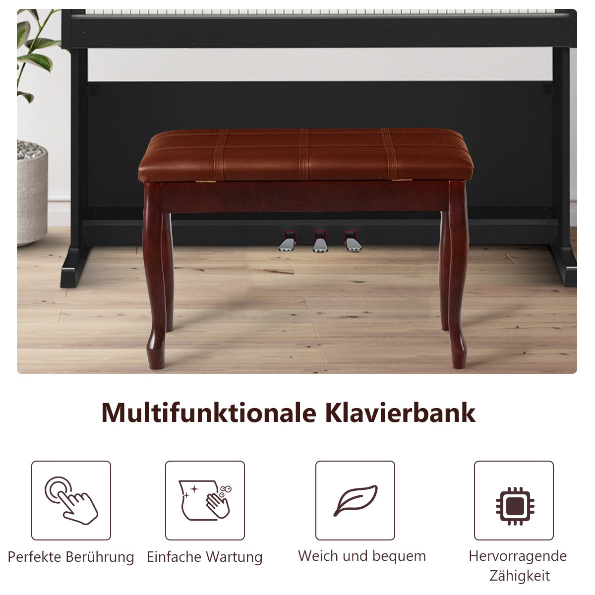 Coast piano bank met nootcompartiment piano kruk gemaakt van Massivhoz 75 x 35 x 49 cm bruin