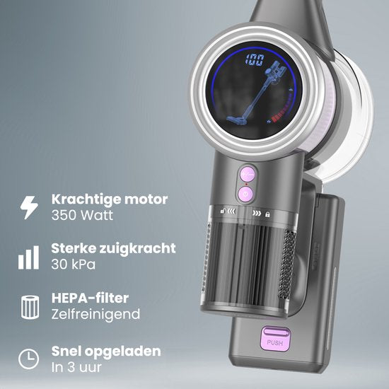 Auronic Steelstofzuiger Draadloos 350W - Draadloze Stofzuiger - HEPA Filter - Zelfstaand - Extra Accu - Op Accu - Zonder Zak - Kruimeldief - Vacuum Cleaner - Grijs/Paars