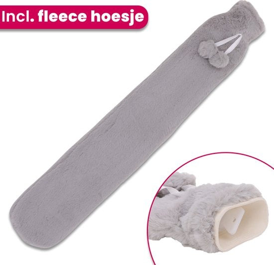 Aerend warmtekussen - Extra Lange kruik met hoes – Warmwaterkruik met Fleece Hoes – 2,5 Liter – Verlicht Nek, Schouder & Buikpijn – Grijs