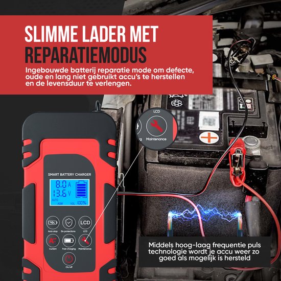 Strex Acculader - 12/24V 4/6/8A - Reparatiemodus - Voor Auto / Motor / Scooter / Boot / Camper