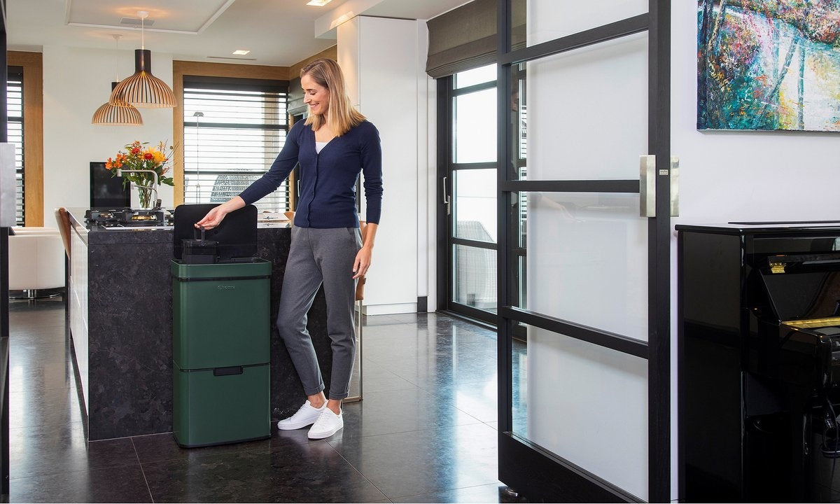 Homra NEXO Prullenbak Afvalscheiding 3 vakken - 72 Liter (2x12 + 48 L) met infrarood Sensor - Design Trio Afvalemmer RVS - Groen - Afvalscheidingsprullenbak - Keuken Afvalemmer - Petrol Groene Recycle Afvalbak - Hygiënisch - Kantoor - Elektrisch