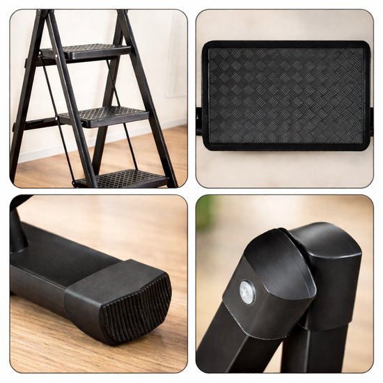 ToolX Huishoudtrap - Keukentrap - Staal- 4 treden- Inklapbaar - Anti-Slip - Opvouwbaar - Zwart