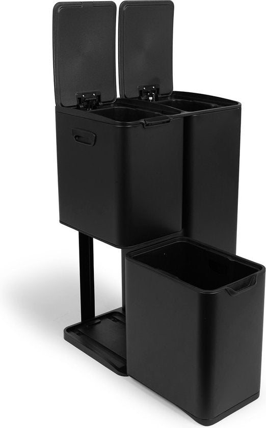 Umuzi Cleaning prullenbak - 60L - Soft close - Mat zwart - Afval Scheiden 3 bakken - 47 x 39 x 72
