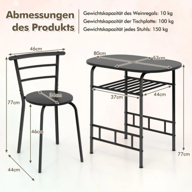 Coast Eettafelset Zwart – 3-Delige Bartafelset met 2 Stoelen en Wijnrek – Tafel 80 x 53 x 77 cm