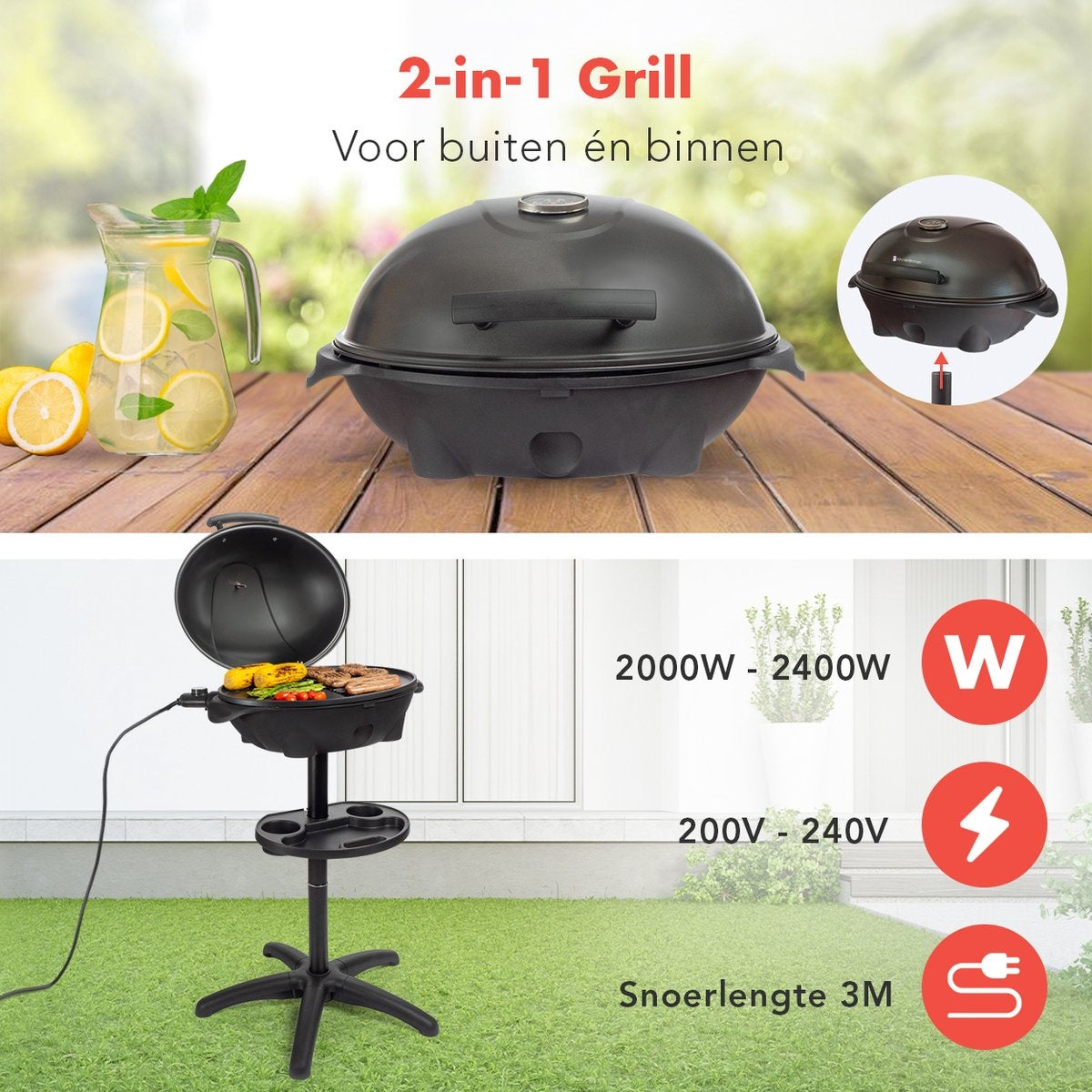 KitchenBrothers Elektrische BBQ - met Grillplaat - Anti-aanbaklaag - Incl. Plank/Houders - Grilloppervlak 46,5x33,8cm - tot 300°C - 2400W - Zwart