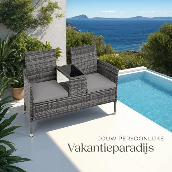 tectake® - wicker tuinbank met tafel, 2-zitsbank, 131 x 61 x 82 cm, bank voor tuinbalkon en terras, tuinbank inclusief zitkussen - grijs/lichtgrijs - poly-rattan