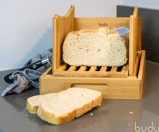 Budu broodsnijder bamboe – Broodsnijder hulpmiddel - Broodplank hout – Broodsnijplank met opvangbak - Bamboe - 30x20cm