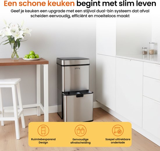 Goliving Automatische Prullenbak Afvalscheiding 72 Liter – Sensor Afvalbak – Handsfree sensor – Afvalemmers – Vuilnisbak voor Binnen – RVS – 40L + 2x12L + 8L – Zilver