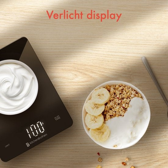 KitchenBrothers Keukenweegschaal - Weegschaal Keuken - Digitaal - 1g tot 10kg - Inclusief Batterijen - Glas/Zwart