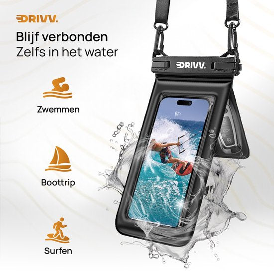 Drivv Luxe Waterdicht Telefoonhoesje 2-in-1 - Drijvend - Dubbele Klipsluiting - Voor Telefoons tot 7 Inch - Zwart