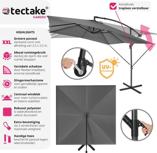 tectake® - Parasol Apollon vierkant 250 x 250 cm - Incl. windbeveiliging en beschermhoes - grijs