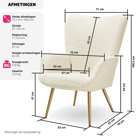 tectake® Oorfauteuil in Scandinavische stijl - Teddystoel Hygge - Stoel voor woonkamer, slaapkamer - Loungefauteuil - Goud metalen poten - Draagvermogen tot 150 kg - Crème
