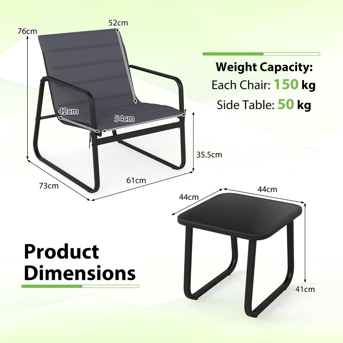 Coast 3-delige tuinset - buitenstoelen met afneembare kussens - bijzettafel met gehard glas - grijs en zwart