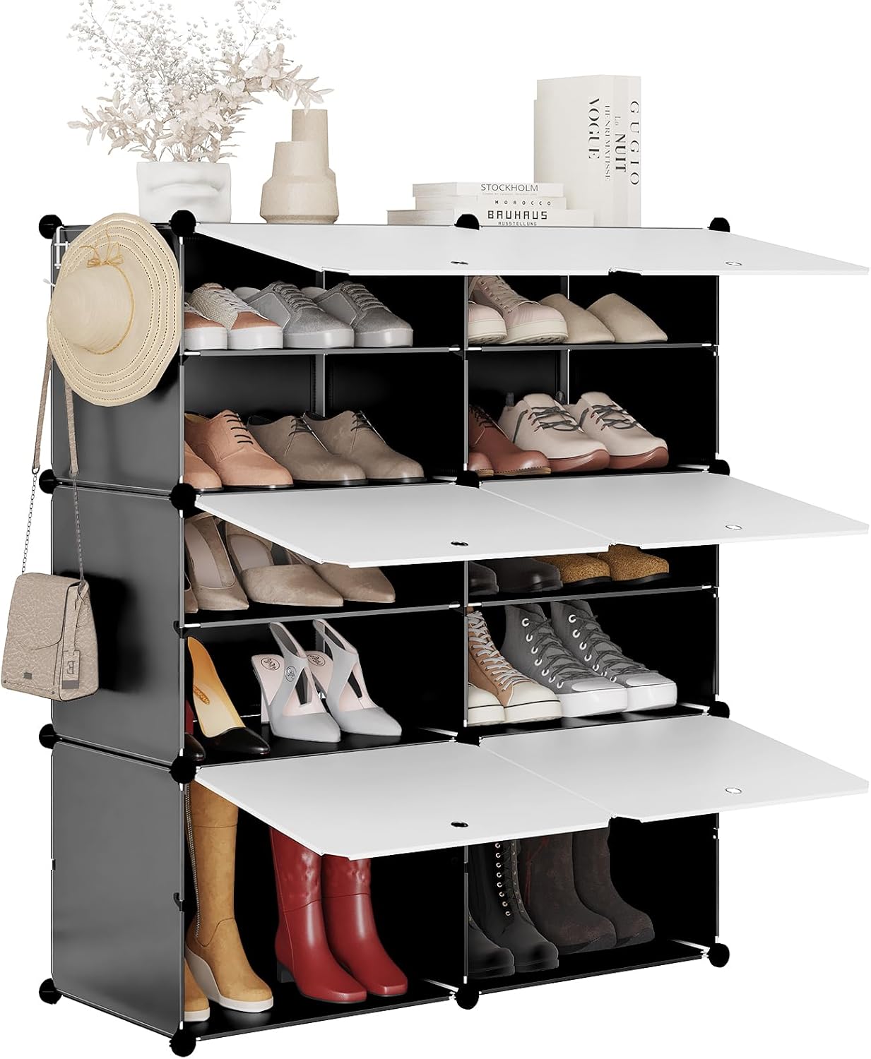 Woltu Schoenenrek met 6 Vakken - Opbergkast voor 24 Paar Schoenen - Wit/Zwart - 94 x 36,5 x 109 cm