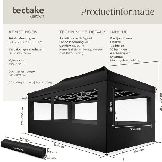 tectake® Vouwpaviljoen - Opvouwbaar en waterdicht - Tuinpaviljoen met 4 zijpanelen - Incl. haringen, scheerlijnen en tas - Terrasoverkapping, partytent - 6x3m - Zwart
