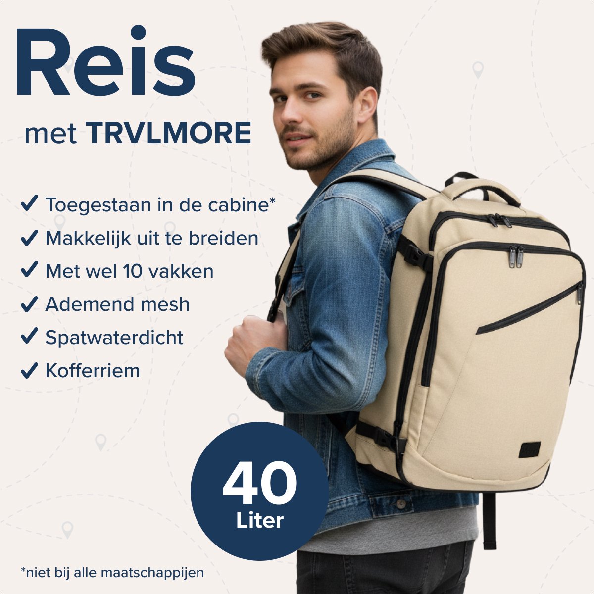 TRVLMORE 40L Reistas Rugzak – Handbagage – 49 x 34 x 13 cm – Beige