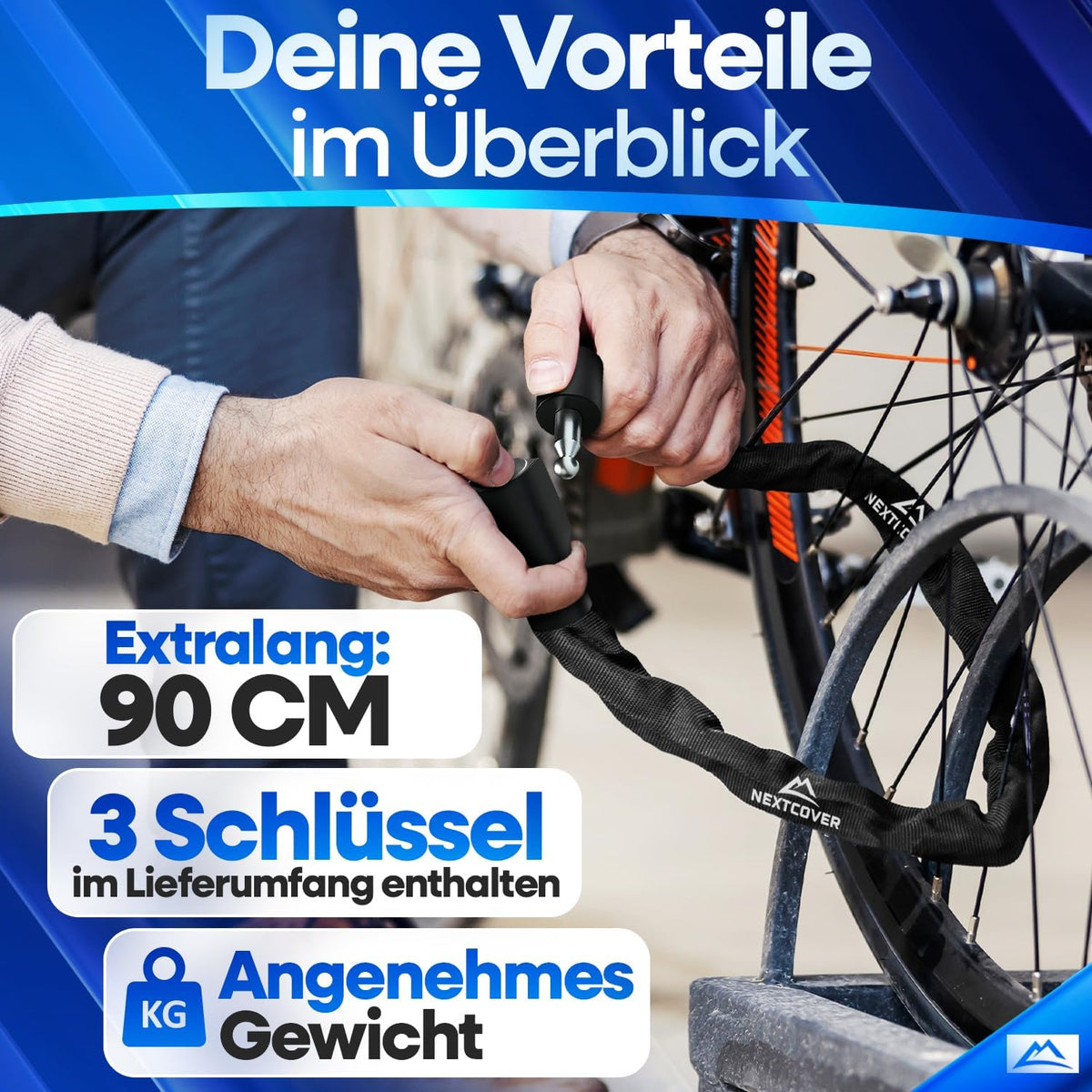 NEXTCOVER® Fietsslot LockOne met sleutel I - [VEILIG] Fietsslot hoge veiligheid I robuust & duurzaam kettingslot fiets I Fietsslot, fietsslot 3 sleutels