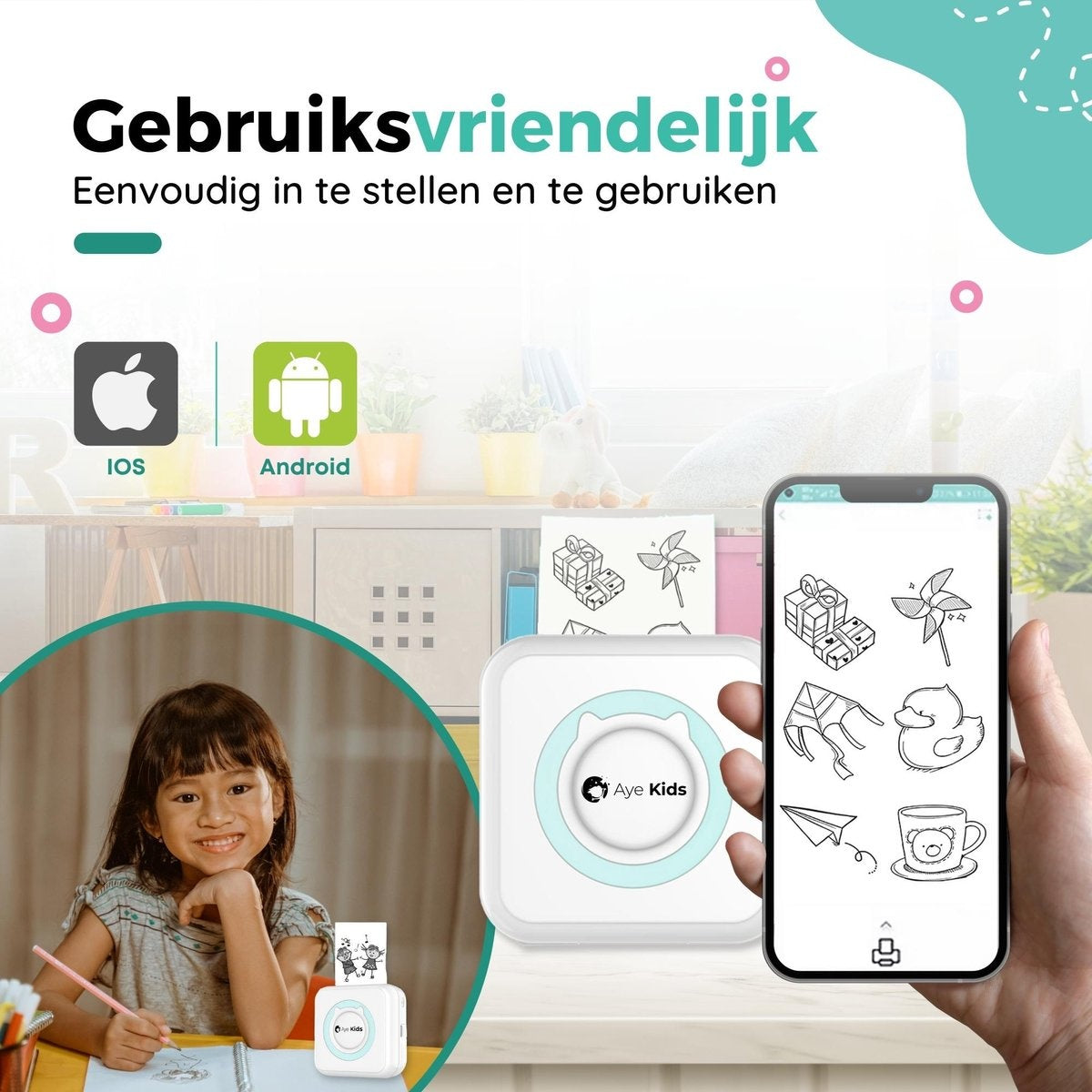 AyeKids Fotoprinter voor Smartphone met Wifi & Bluetooth - Incl. 1 Rol Fotopapier - Draadloze Mini Printer - Wifi Printer - Mobiele Fotoprinter Draadloos - Pocket Printer - Blauw