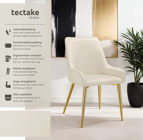 tectake® Eetkamerstoel Avane - Fluweeloptiek - Ergonomische gestoffeerde stoel met gouden stalen poten - Draagkracht 120 kg - Moderne eetkamer- en keukenstoel - Set van 2 - Beige