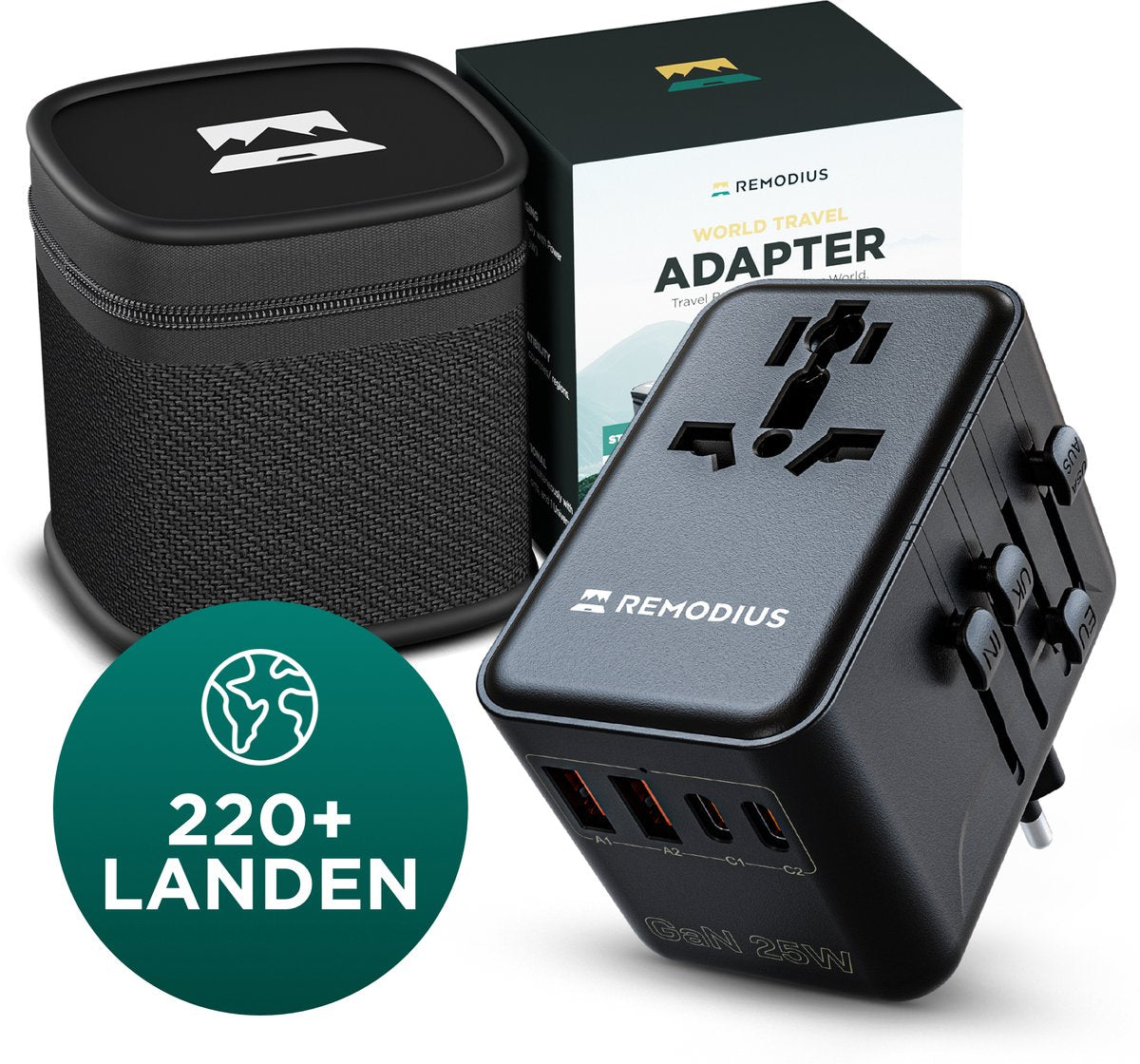 Remodius Wereldstekker - Universele Reisadapter voor 220+ Landen - 2x USB-C & 2x USB-A - Snellader - Type A/B/C/D/E/F/G/I/J/L/N - Compact & Handbagageproof