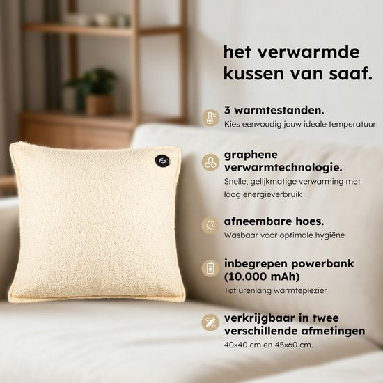 Warmtekussen – 3 warmtestanden – Warmtekussen Oplaadbaar – 10k mAh Powerbank – Draadloos – Warmte Kussen – 40 x 40 cm – Bouclé Off-white – Saaf Comfort
