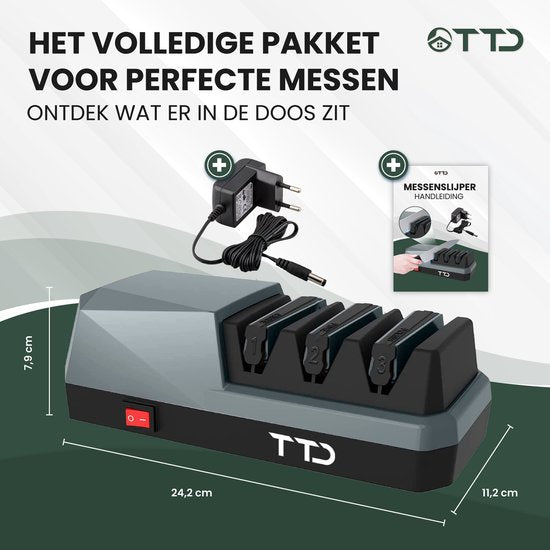 TTD® Premium Messenslijper Elektrisch - 3 Standen - Voorbewerken, Slijpen en Polijsten - Antislip - Doortrekslijper - Knife Sharpener - Aanzetstaal voor Messen