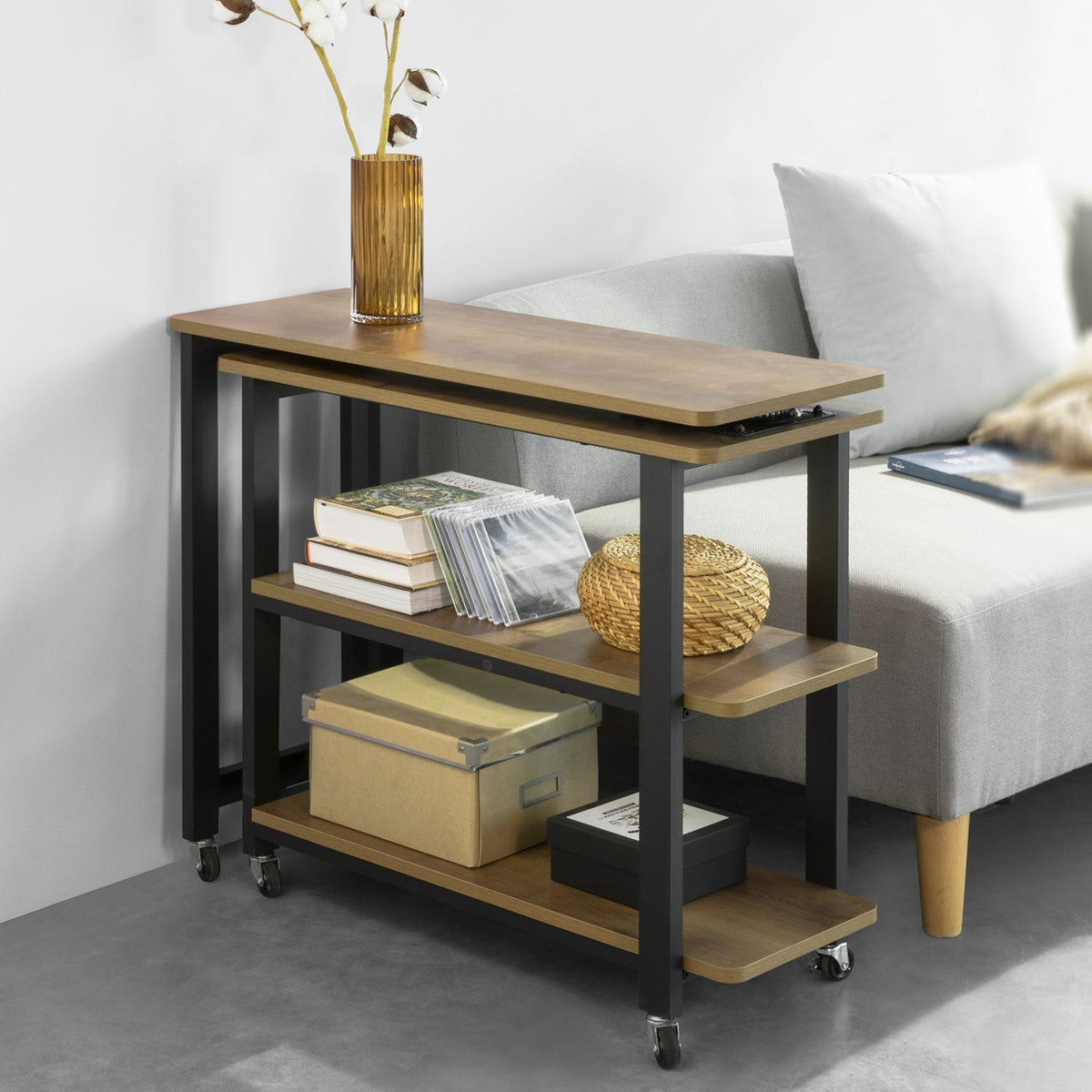 SoBuy Draaibare Bijzettafel met Wielen - 133x30x69 cm