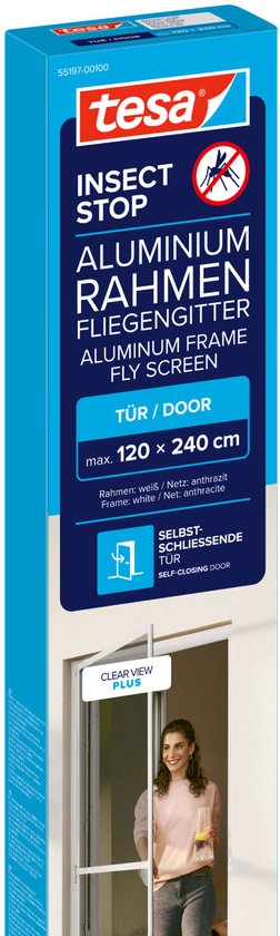 tesa INSECT STOP Aluminium For Doors Frame Fly Screen XL - hor met aluminium frame, helder zicht, wit - 120 x 240 cm