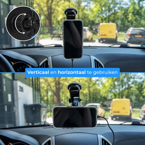 Nuvance Telefoonhouders Auto - Telefoonhouder met Zuignap - Geschikt voor MagSafe - Incl USB-C kabel - Draadloze Oplader - Gsm Houder Auto