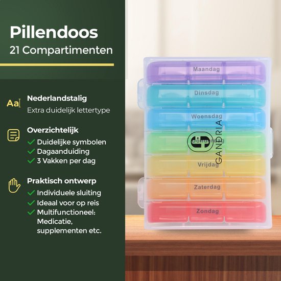 Gandria Pillendoos 7 Dagen - Uitneembaar Pillendoosje - Medicijndoos met 21 Compartimenten - Medicijndoos met Stevige Sluiting - 3 Vakken per Dag - 7 Kleuren