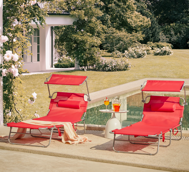 SoBuy Set van 2 ligstoelen - met zonnedak - en zijvak - (OGS48-Rx2)