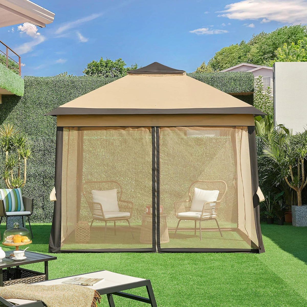 Yaheetech Pop-up Paviljoen 3,3 × 3,3 m met 4 Mesh Zijwanden en Draagtas Khaki/Bruin