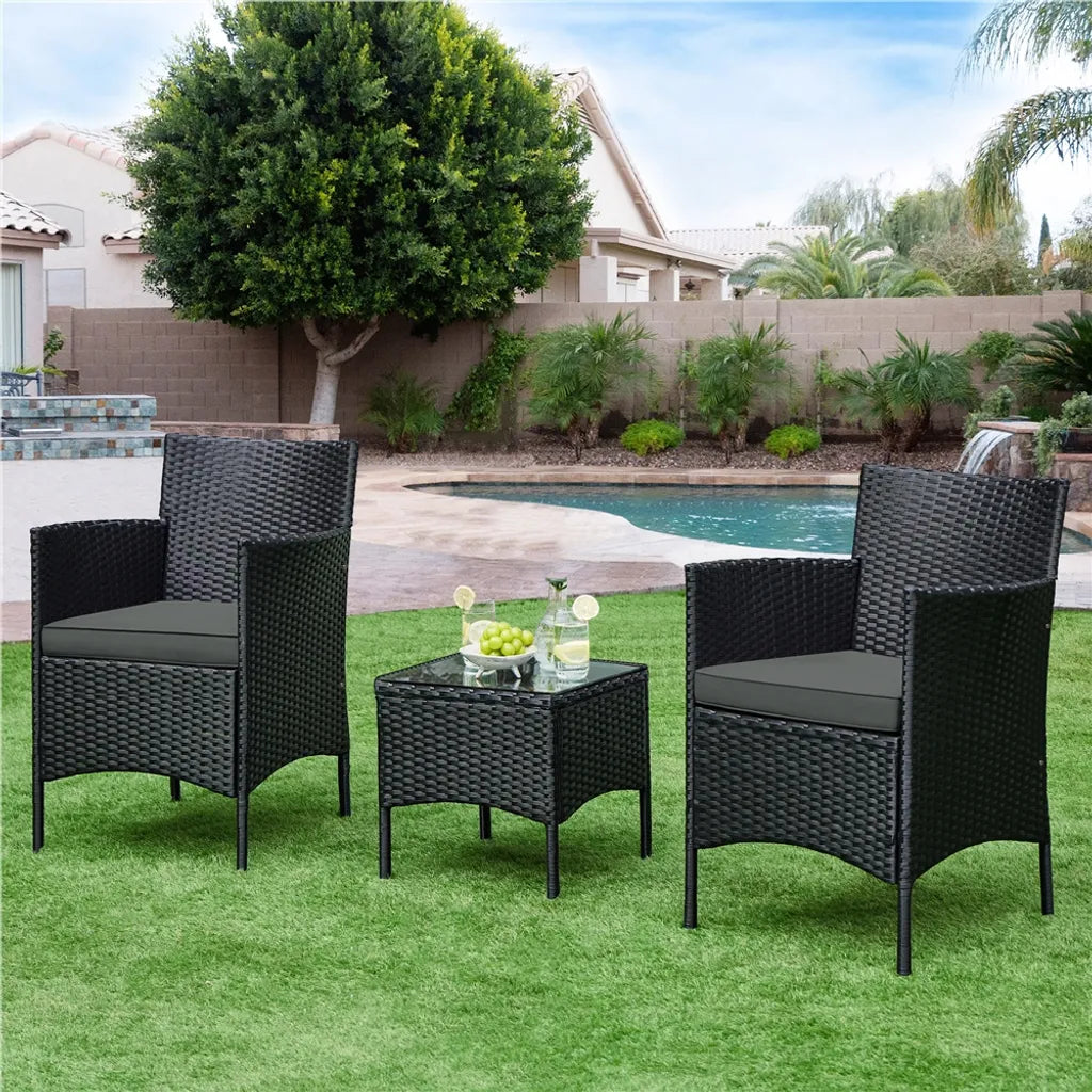 Yaheetech Tuinset 3-Delig - Rattan - Balkonset - Stoelen - Tafel Zwart/Grijs
