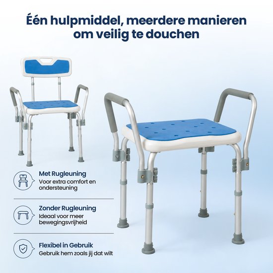 Truesafe Douchestoel met afneembare rug- en armleuning - Douchekruk - Badkamer Stoel - Antislip - Verstelbare Hoogte - Max 130 Kg + Douchezak