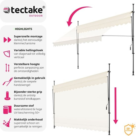 tectake - klemluifel - Zonnescherm – Zonneluifel - Verstelbaar - Klem-zonwering - Zonnescherm Balkon - 350 x 180 cm - beige – zonwering - 404966