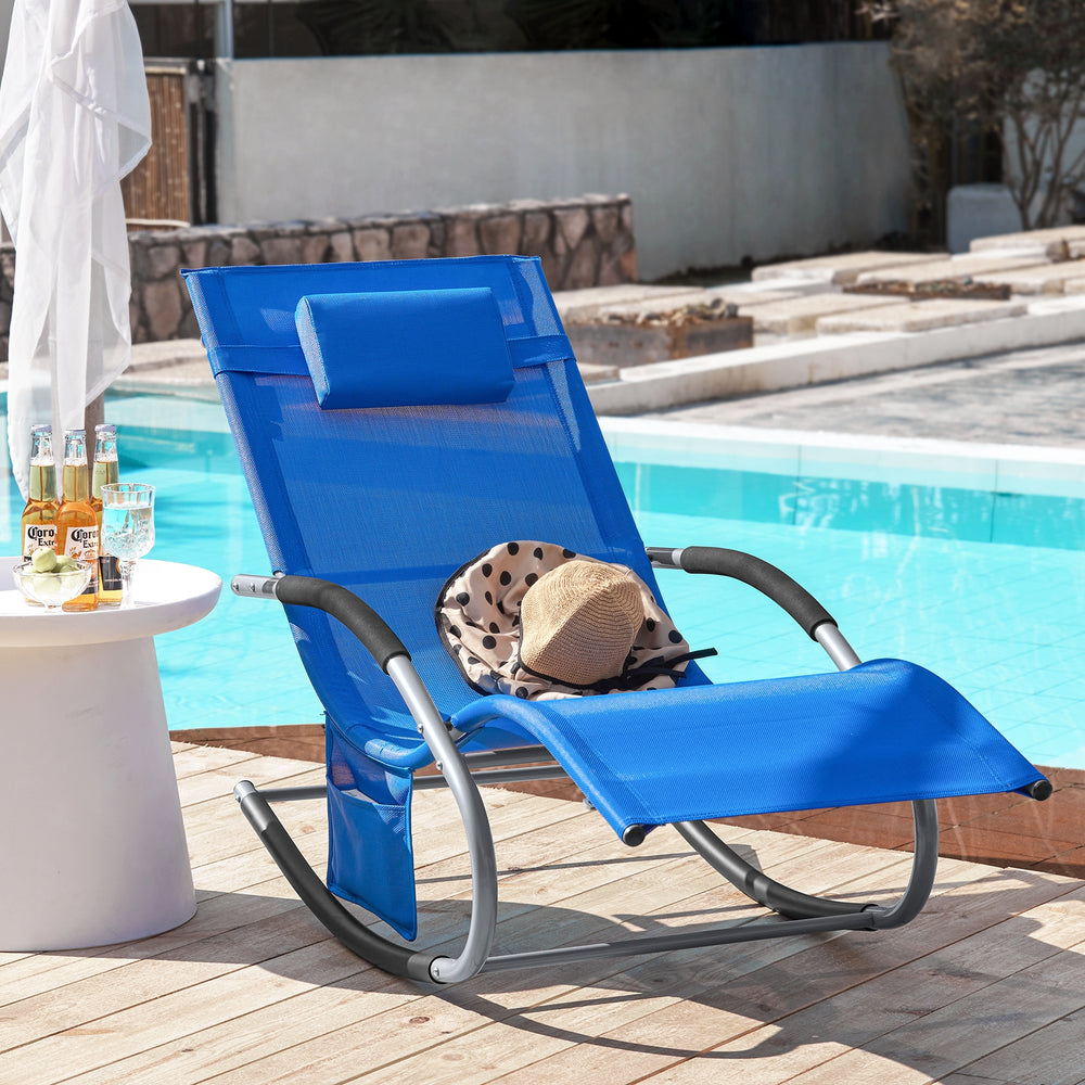 SoBuy Ligstoel OGS28-KB - Met Schommelpoten en Hoofdkussen - 150 x 63 x 83 cm - Blauw