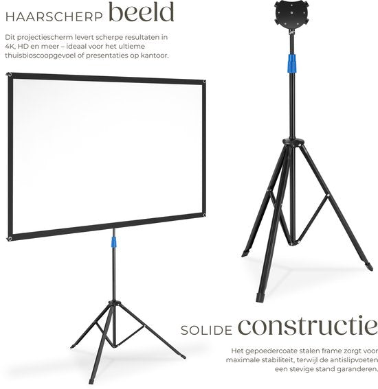 tectake® Beamer Scherm - 80 Inch - 16:9 Projectiescherm met Statief - 4K HD - Oprolbaar - Uittrekbaar - Projectiedoek - Presentatiescherm - Inclusief Draagtas